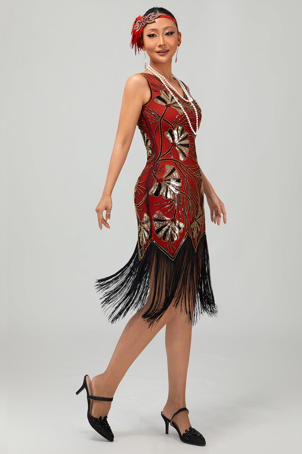 WEDTREND Women Red Golden Flapper Dress with Tassels Sequin V Neck Bodycon 1920s Dress WEDTREND Women Red Golden Flapper Dress with Tassels Sequin V Neck Bodycon 1920s Dress
