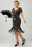 Gatsby Black Silver Scoop Fringed Bodycon 1920s Dress with Sequins