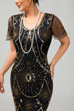 Gatsby Black Silver Scoop Fringed Bodycon 1920s Dress with Sequins