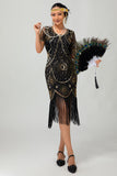 Gatsby Black Silver Scoop Fringed Bodycon 1920s Dress with Sequins