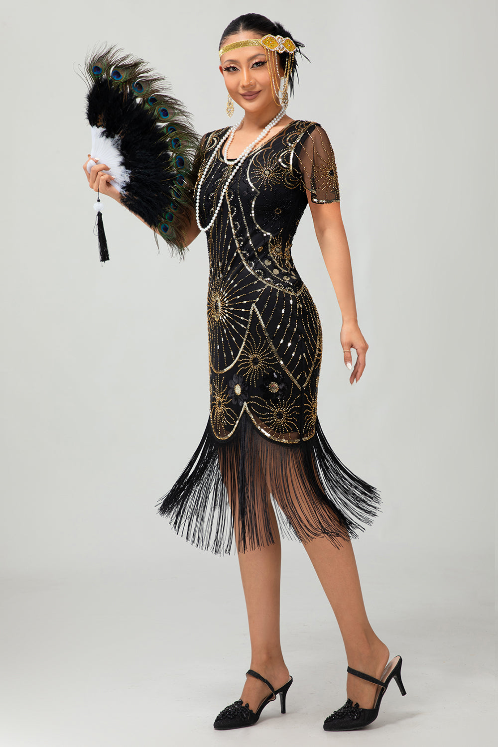 black gold bodycon dress WEDTREND Women Beaded Black Golden Fringed Bodycon 1920s Dress Round Neck Short Flapper Dress With Short Sleeves