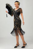 Gatsby Black Silver Scoop Fringed Bodycon 1920s Dress with Sequins