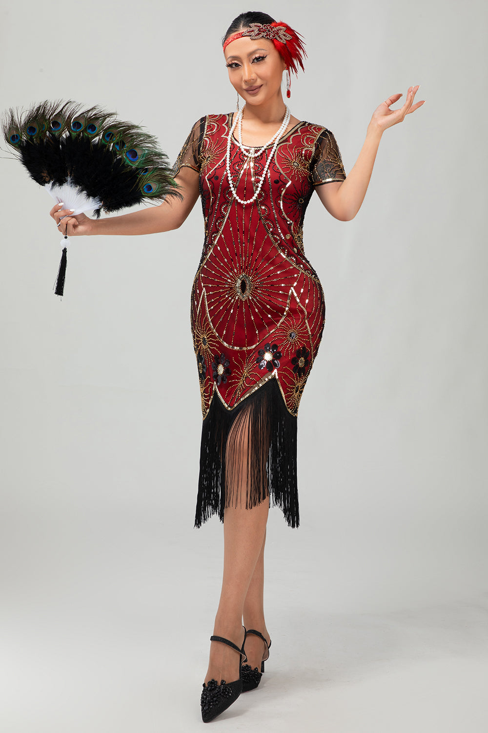 WEDTREND Women Gatsby Black Red 1920s Dress with Sequins Scoop Fringed Short Sleeve Bodycon Vintage Party Dress, Black Red / XL