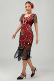 Gatsby Black Red Scoop Fringed Bodycon1920s Dress with Sequins
