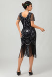 Gatsby Black Silver Scoop Fringed Bodycon 1920s Dress with Sequins