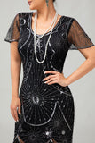 Gatsby Black Silver Scoop Fringed Bodycon 1920s Dress with Sequins