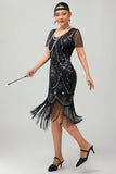 Gatsby Black Silver Scoop Fringed Bodycon 1920s Dress with Sequins