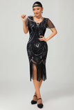 Gatsby Black Red Scoop Fringed Bodycon1920s Dress with Sequins