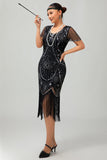 Gatsby Black Red Scoop Fringed Bodycon1920s Dress with Sequins