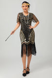Black Golden Sequin Bodycon 1920s Flapper Dress with Tassles