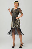 Black Golden Sequin Bodycon 1920s Flapper Dress with Tassles