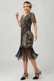 Black Golden Sequin Bodycon 1920s Flapper Dress with Tassles