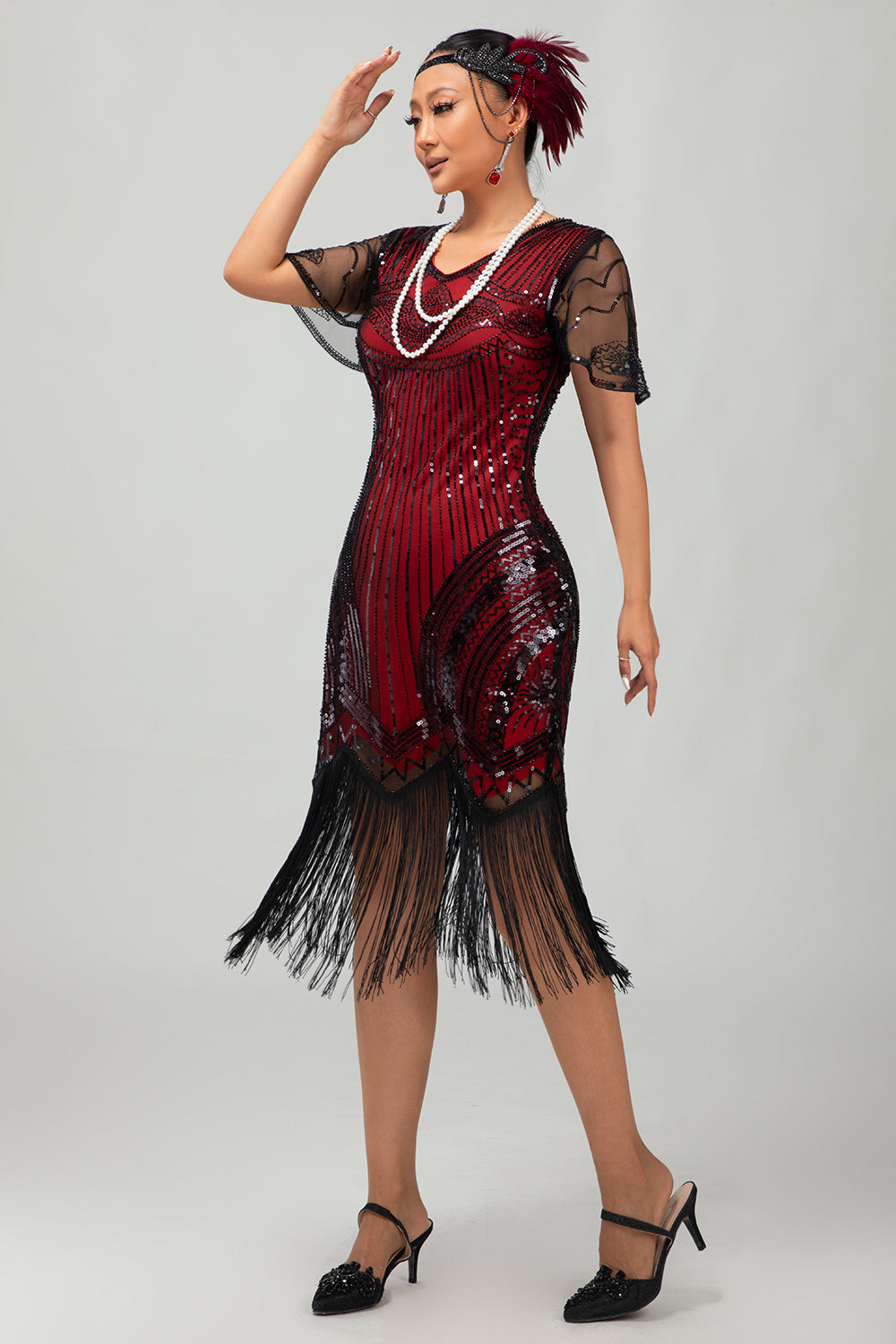 black and red flapper dress Little Red Flapper Dress With Black Bow, 1920s Flapper Dress, Red Great Gatsby Day Dress, Red Drop Waist Dress, 20s Party Dress