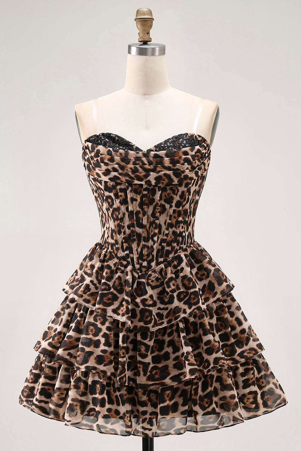 WEDTREND Women Brown Leopard Mini Homecoming Dress Strapless Ruffled A-Line Corset Cocktail Dress WEDTREND Women Brown Leopard Mini Homecoming Dress Strapless Ruffled A-Line Corset Cocktail Dress