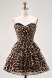 Brown Leopard Strapless Ruffled A-Line Corset Mini Homecoming Dress