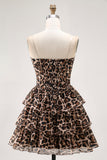 Brown Leopard Strapless Ruffled A-Line Corset Mini Homecoming Dress