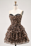 Brown Leopard Strapless Ruffled A-Line Corset Mini Homecoming Dress