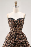 Brown Leopard Strapless Ruffled A-Line Corset Mini Homecoming Dress