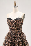 Brown Leopard Strapless Ruffled A-Line Corset Mini Homecoming Dress