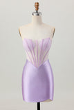 Lilac Strapless Corset Short Satin Homecoming Dress with Beading