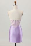 Lilac Strapless Corset Short Satin Homecoming Dress with Beading