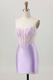 Lilac Strapless Corset Short Satin Homecoming Dress with Beading