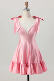 Blush Pink A Line V-Neck Beaded Satin Homecoming Dress with Bows