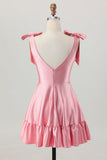Blush Pink A Line V-Neck Beaded Satin Homecoming Dress with Bows
