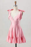Blush Pink A Line V-Neck Beaded Satin Homecoming Dress with Bows
