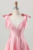 Blush Pink A Line V-Neck Beaded Satin Homecoming Dress with Bows