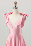 Blush Pink A Line V-Neck Beaded Satin Homecoming Dress with Bows