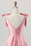 Blush Pink A Line V-Neck Beaded Satin Homecoming Dress with Bows
