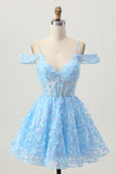 Blue Cold Shoulder A Line Sheer Corset Sequins Homecoming Dress with 3D Flowers