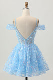 Blue Cold Shoulder A Line Sheer Corset Sequins Homecoming Dress with 3D Flowers