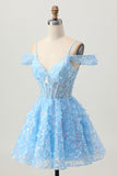 Blue Cold Shoulder A Line Sheer Corset Sequins Homecoming Dress with 3D Flowers