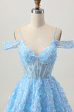 Blue Cold Shoulder A Line Sheer Corset Sequins Homecoming Dress with 3D Flowers