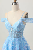 Blue Cold Shoulder A Line Sheer Corset Sequins Homecoming Dress with 3D Flowers
