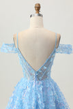 Blue Cold Shoulder A Line Sheer Corset Sequins Homecoming Dress with 3D Flowers