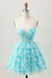 Blue A-Line Printed Tiered Short Homecoming Dress with Embroidery