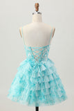 Blue A-Line Printed Tiered Short Homecoming Dress with Embroidery