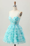Blue A-Line Printed Tiered Short Homecoming Dress with Embroidery