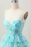 Blue A-Line Printed Tiered Short Homecoming Dress with Embroidery