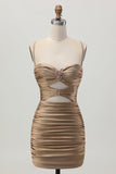 Dark Khaki Bodycon Spaghetti Straps Ruched Cut Out Short Homecoming Dress