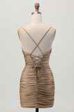 Dark Khaki Bodycon Spaghetti Straps Ruched Cut Out Short Homecoming Dress