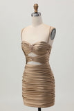 Dark Khaki Bodycon Spaghetti Straps Ruched Cut Out Short Homecoming Dress