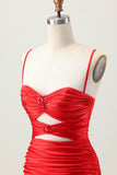 Red Bodycon Spaghetti Straps Cut Out Ruched Short  Homecoming Dress