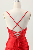 Red Bodycon Spaghetti Straps Cut Out Ruched Short  Homecoming Dress