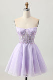 Sparkly Lilac A Line Strapless Beaded Sequins Short Homecoming Dress