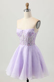 Sparkly Lilac A Line Strapless Beaded Sequins Short Homecoming Dress