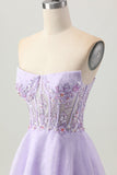 Sparkly Lilac A Line Strapless Beaded Sequins Short Homecoming Dress